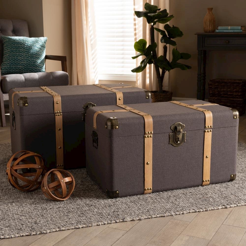 Oak Brown Finished 2-Piece Storage Trunk Set. Picture 13