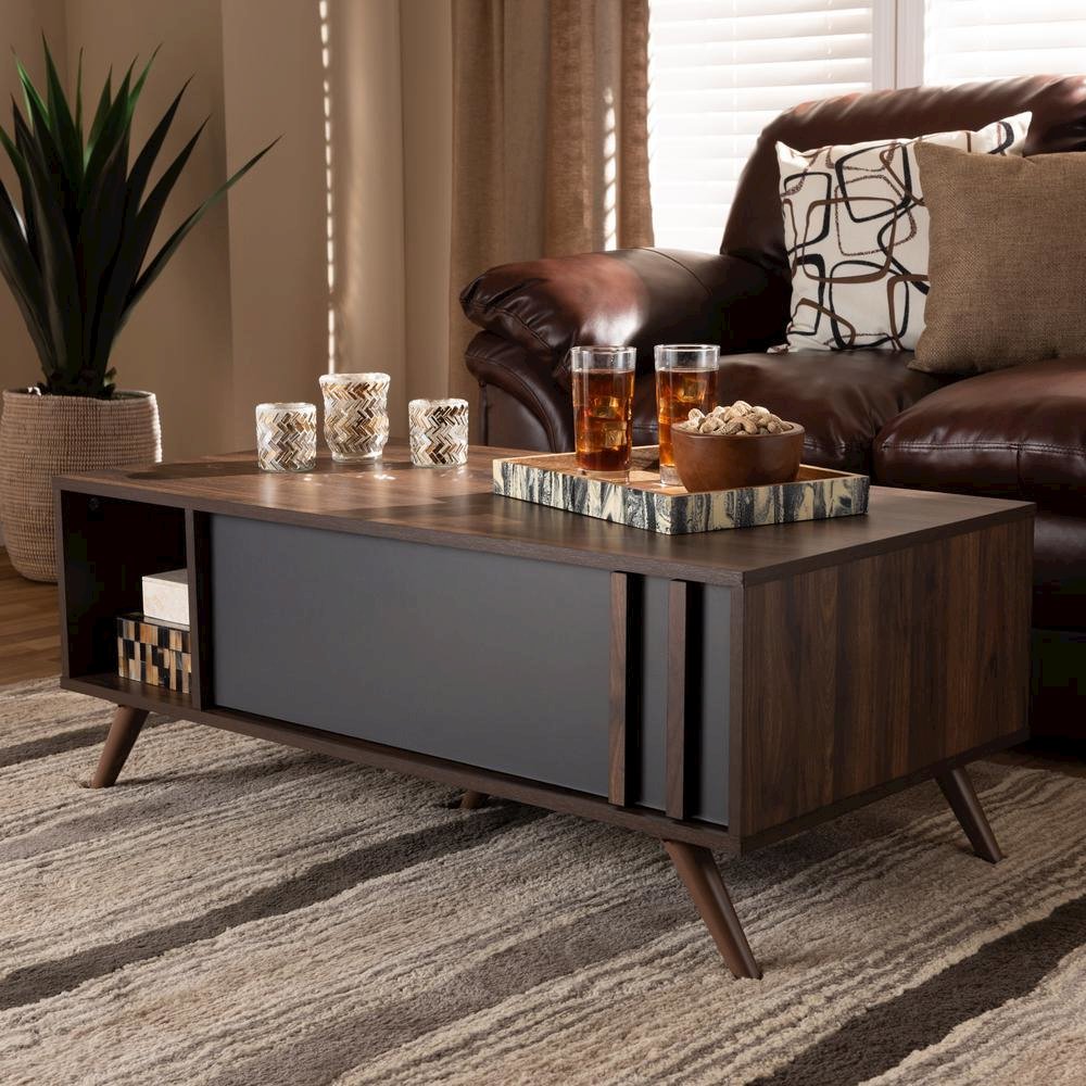 Two-Tone Grey and Walnut Finished Wood 1-Drawer Coffee Table. Picture 9