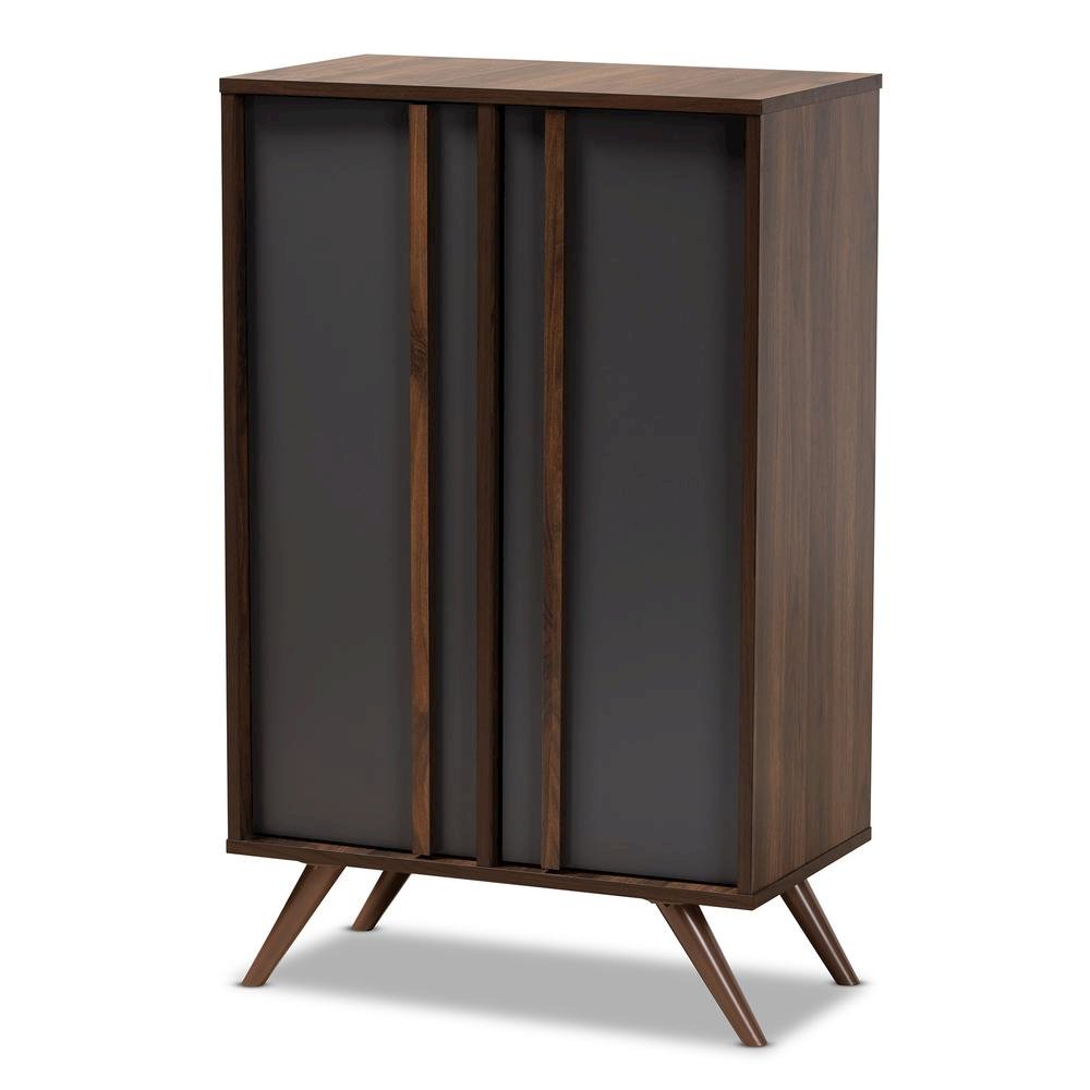 Two-Tone Grey and Walnut Finished Wood 2-Door Shoe Cabinet. Picture 11
