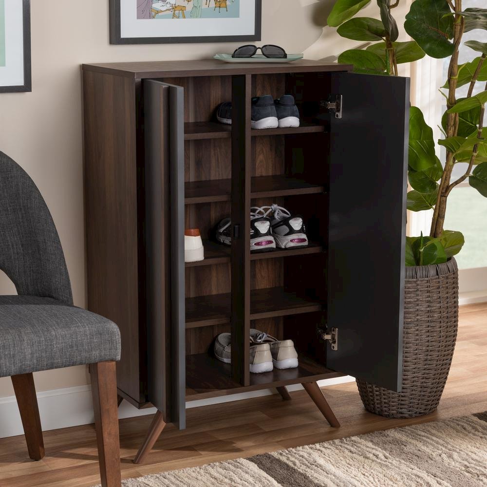 Two-Tone Grey and Walnut Finished Wood 2-Door Shoe Cabinet. Picture 18