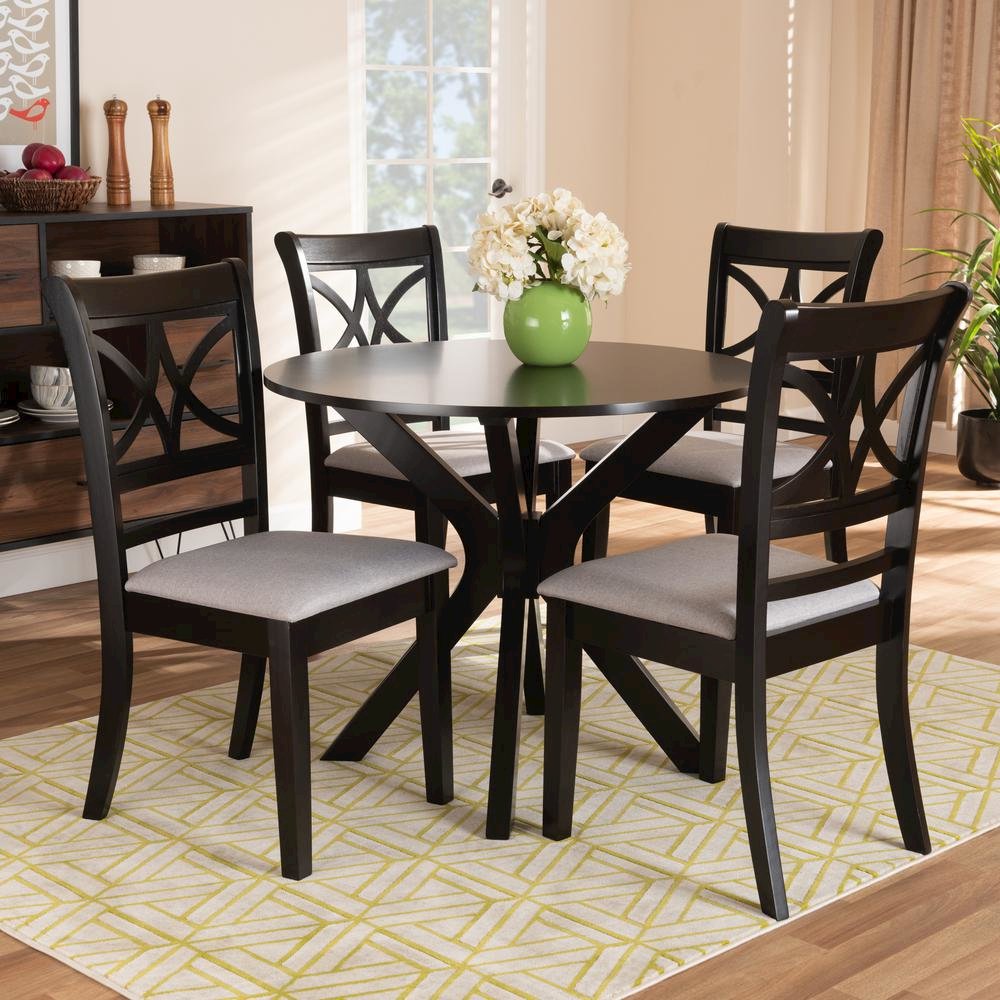 Grey Fabric Upholstered and Dark Brown Finished Wood 5-Piece Dining Set. Picture 16