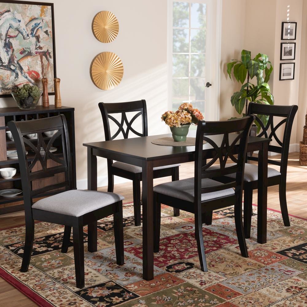 Grey Fabric Upholstered and Espresso Brown Finished Wood 5-Piece Dining Set. Picture 16