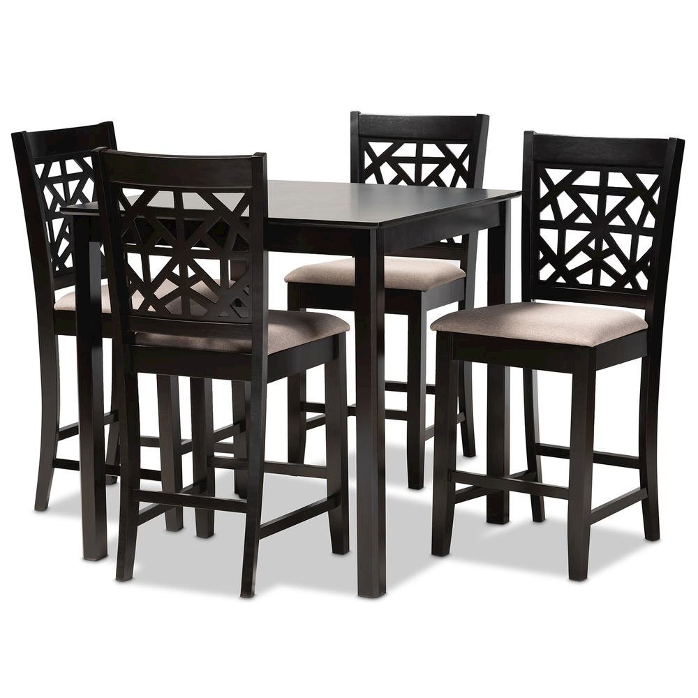 Sand Fabric Upholstered and Espresso Brown Finished Wood 5-Piece Pub Dining Set. Picture 9