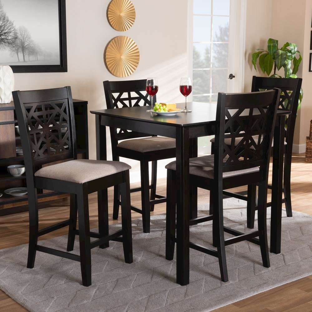 Sand Fabric Upholstered and Espresso Brown Finished Wood 5-Piece Pub Dining Set. Picture 14
