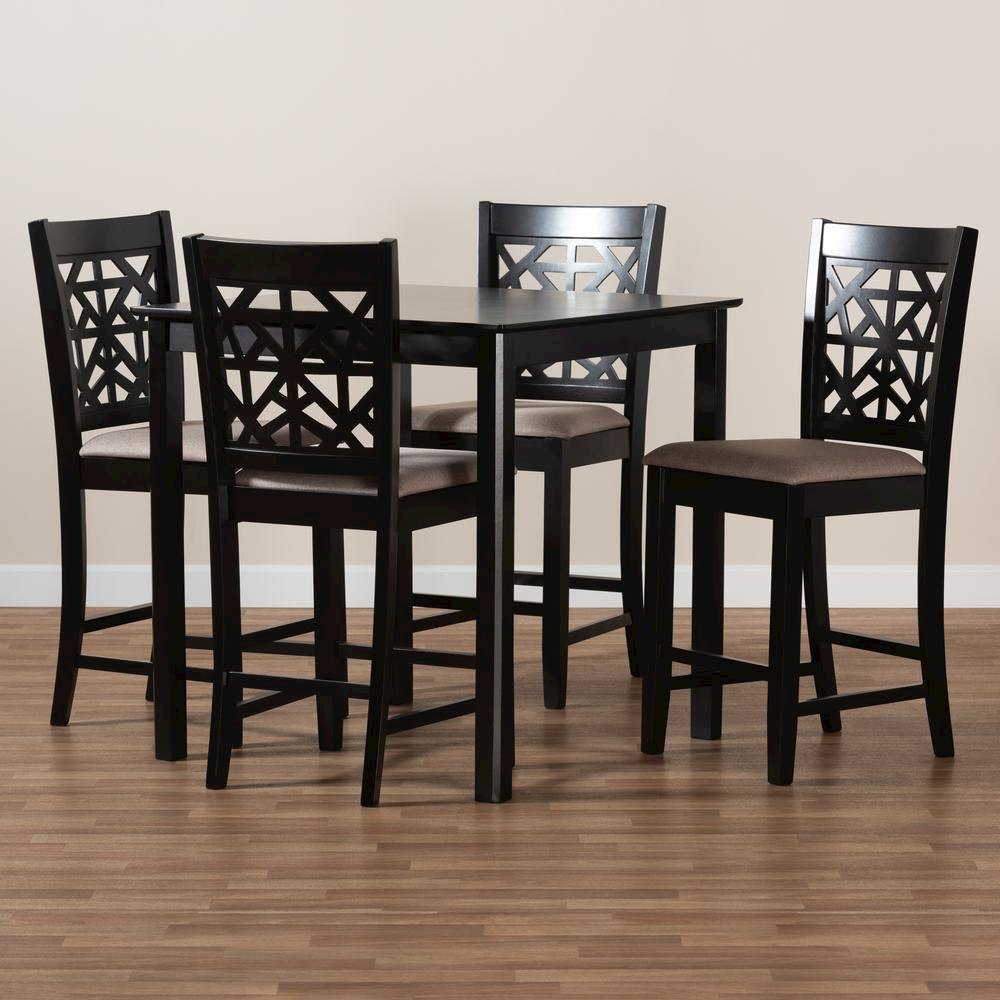 Sand Fabric Upholstered and Espresso Brown Finished Wood 5-Piece Pub Dining Set. Picture 15