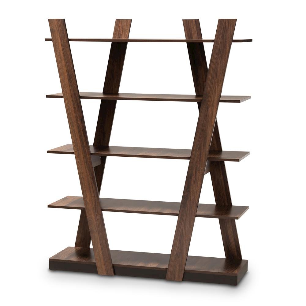 Michio Modern and Contemporary Walnut Brown Finished 5-Tier Wood Display Shelf. Picture 2