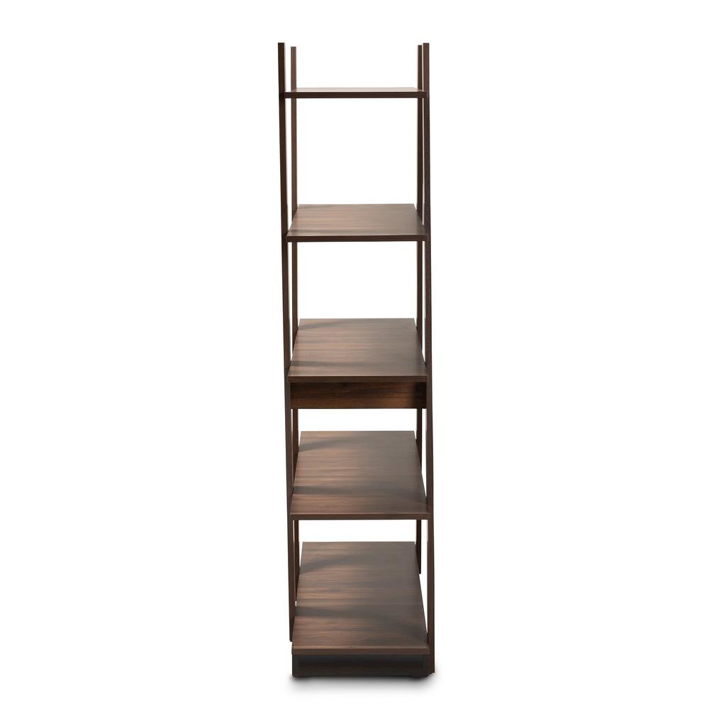 Michio Modern and Contemporary Walnut Brown Finished 5-Tier Wood Display Shelf. Picture 5