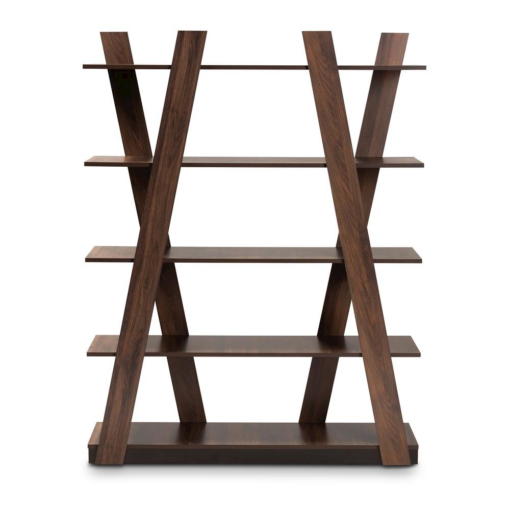 Michio Modern and Contemporary Walnut Brown Finished 5-Tier Wood Display Shelf. Picture 1