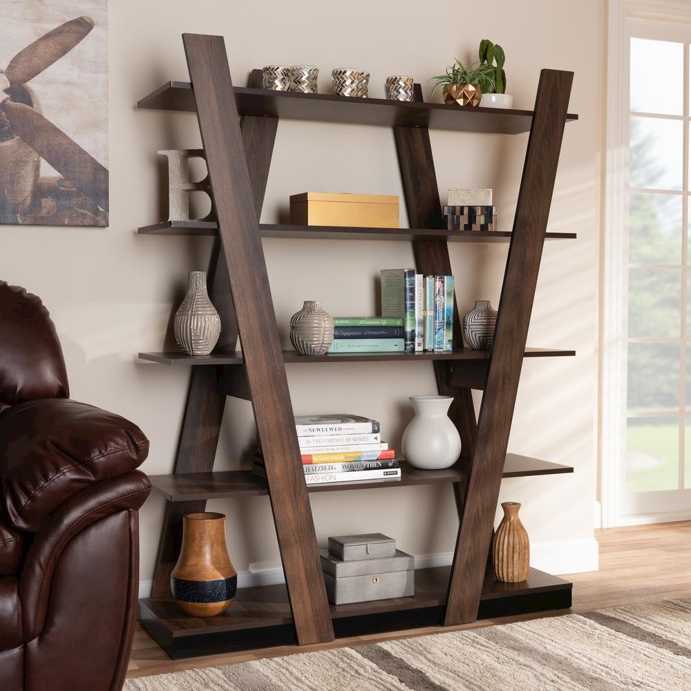 Michio Modern and Contemporary Walnut Brown Finished 5-Tier Wood Display Shelf. Picture 7