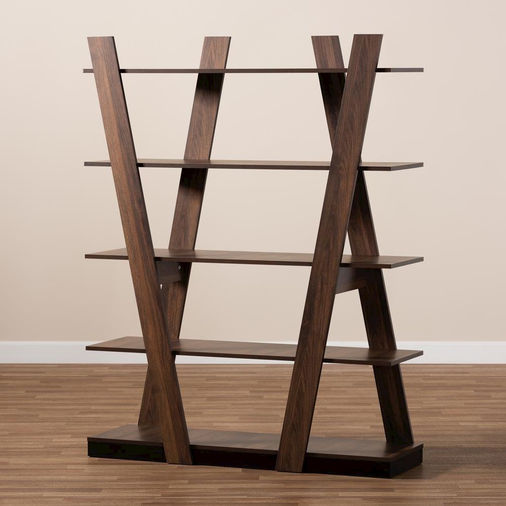 Michio Modern and Contemporary Walnut Brown Finished 5-Tier Wood Display Shelf. Picture 8
