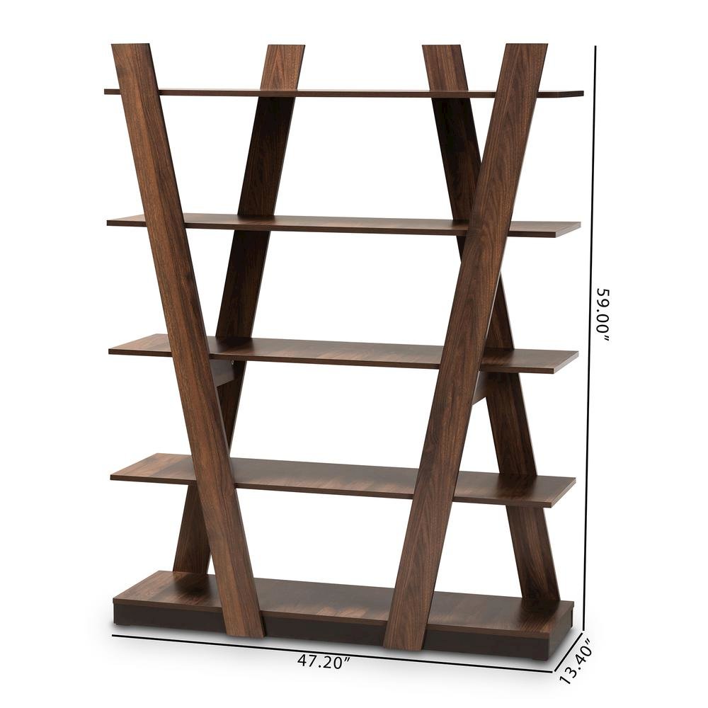 Michio Modern and Contemporary Walnut Brown Finished 5-Tier Wood Display Shelf. Picture 4