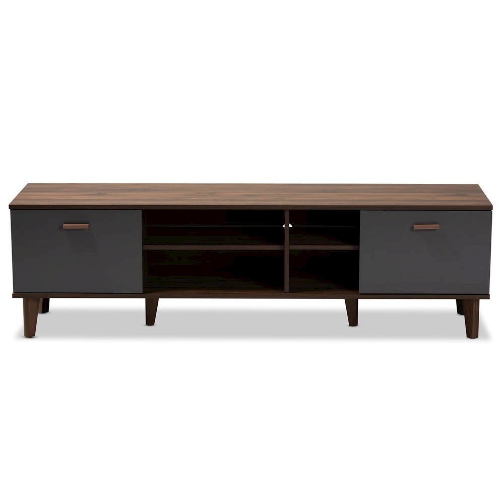 Moina Mid-Century Modern Two-Tone Walnut Brown and Grey Finished Wood TV Stand. Picture 13