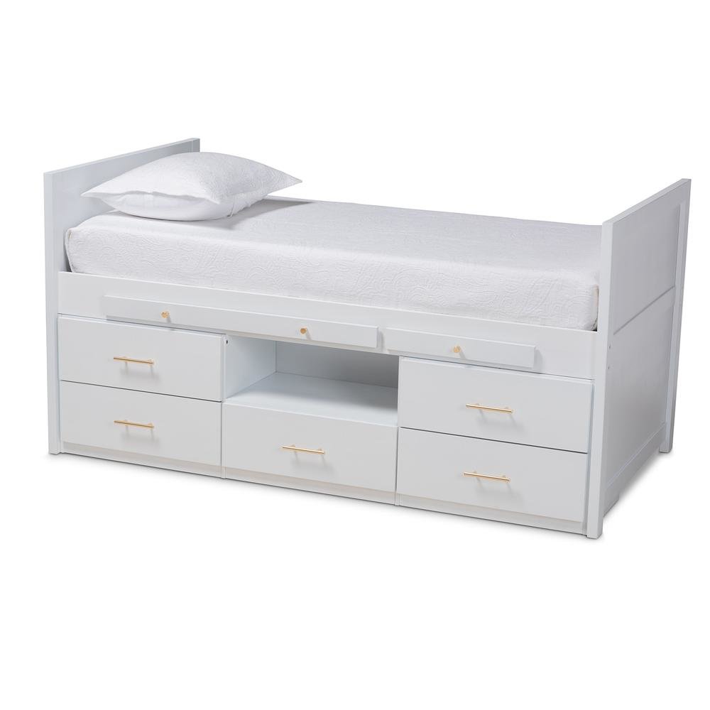 White Finished Wood 5-Drawer Twin Size Storage Bed with Pull-Out Desk. Picture 12