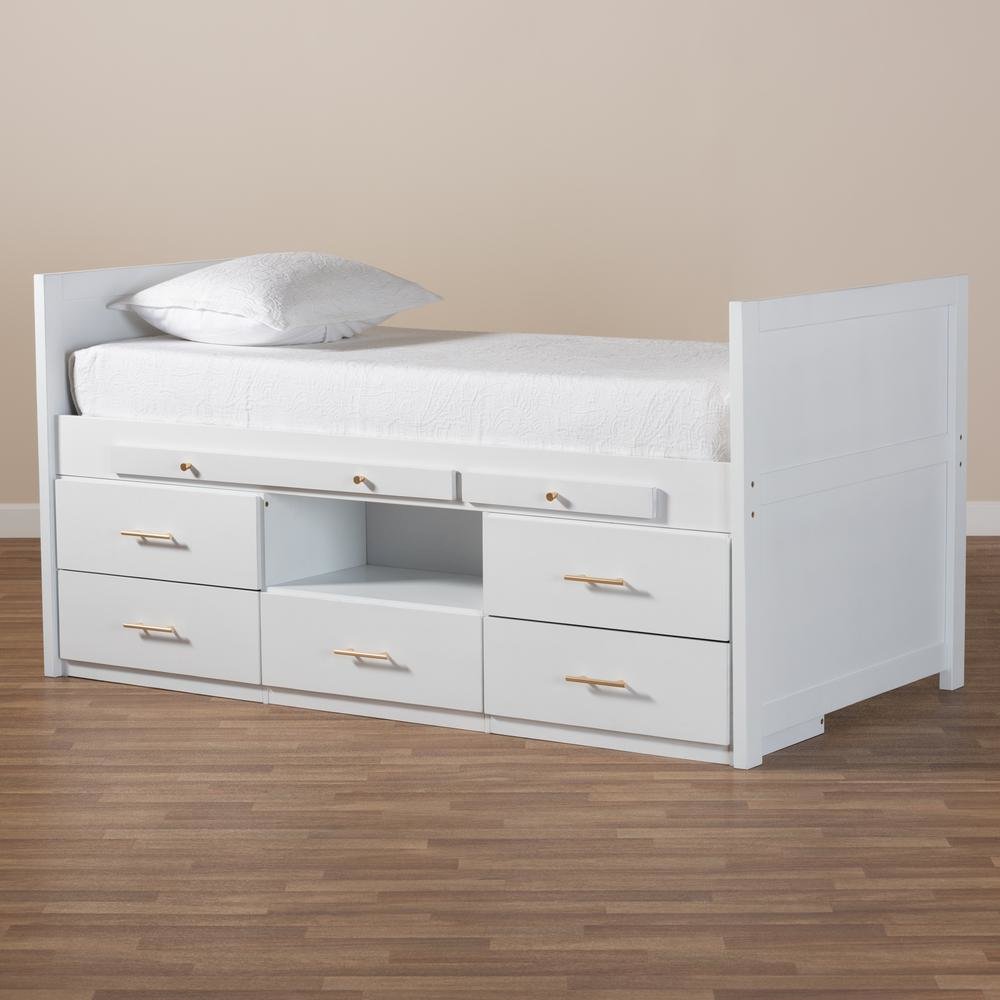 White Finished Wood 5-Drawer Twin Size Storage Bed with Pull-Out Desk. Picture 21