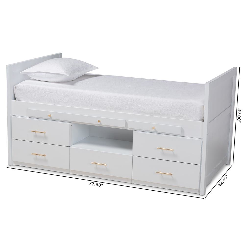 White Finished Wood 5-Drawer Twin Size Storage Bed with Pull-Out Desk. Picture 22