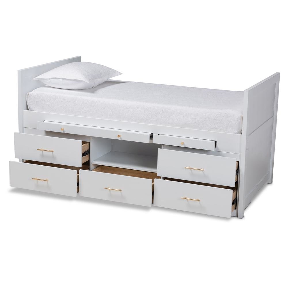 White Finished Wood 5-Drawer Twin Size Storage Bed with Pull-Out Desk. Picture 13