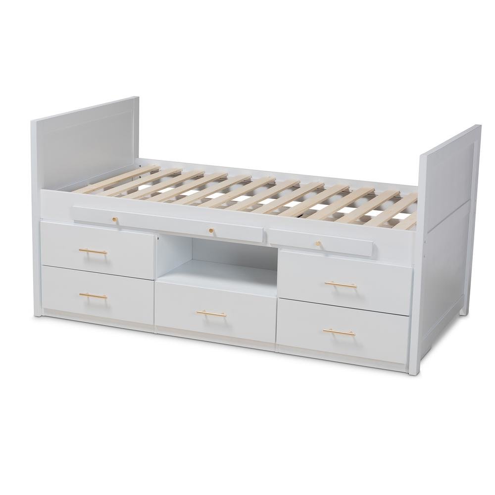 White Finished Wood 5-Drawer Twin Size Storage Bed with Pull-Out Desk. Picture 15