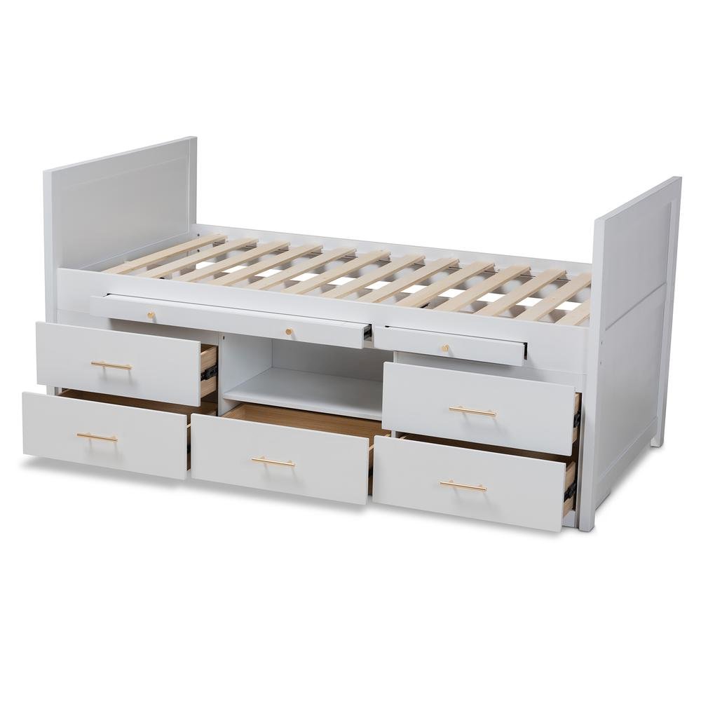 White Finished Wood 5-Drawer Twin Size Storage Bed with Pull-Out Desk. Picture 16