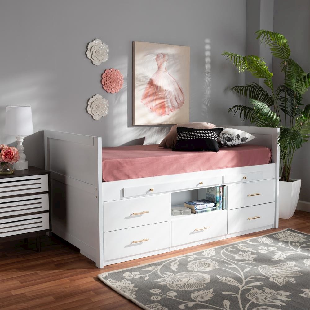 White Finished Wood 5-Drawer Twin Size Storage Bed with Pull-Out Desk. Picture 19