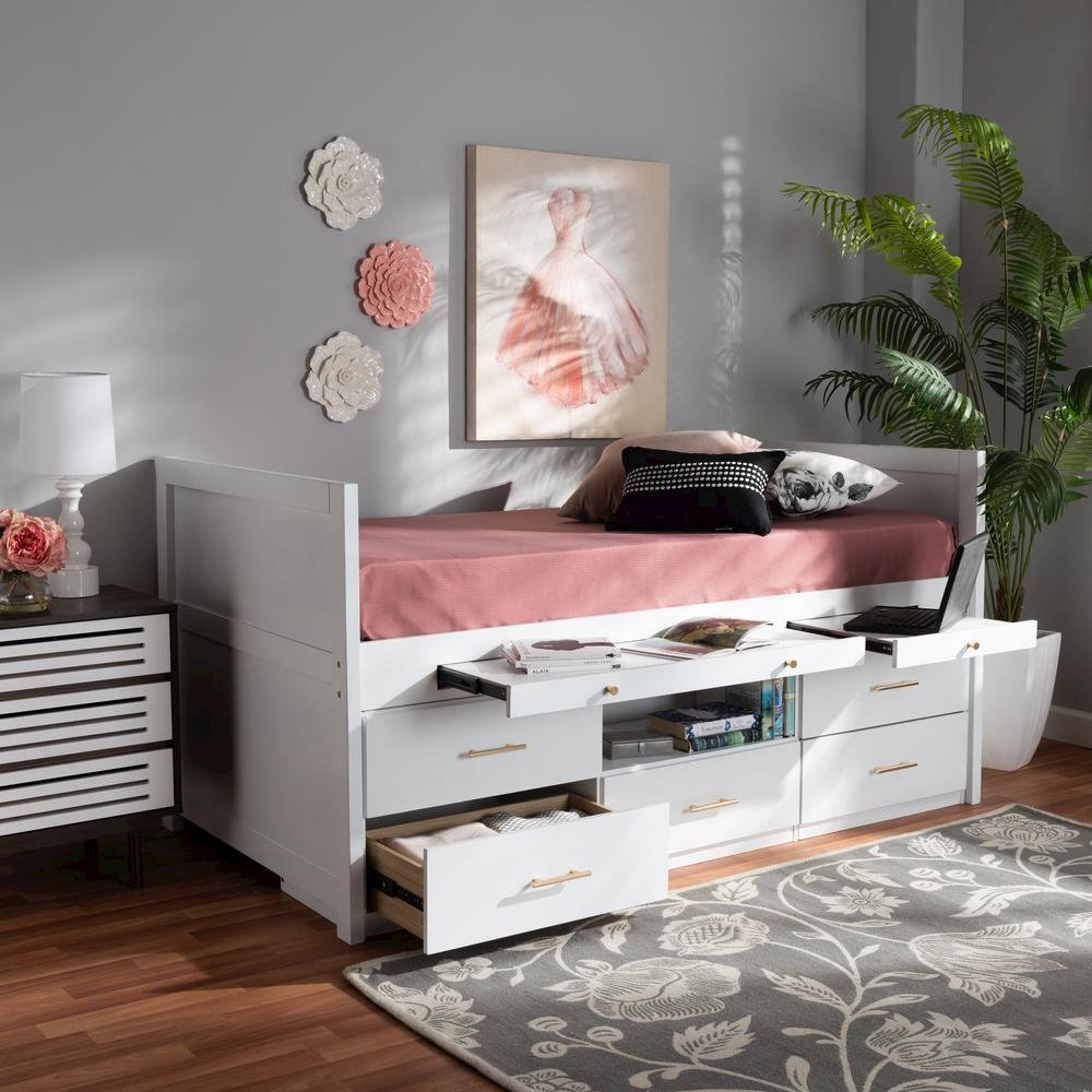 White Finished Wood 5-Drawer Twin Size Storage Bed with Pull-Out Desk. Picture 20