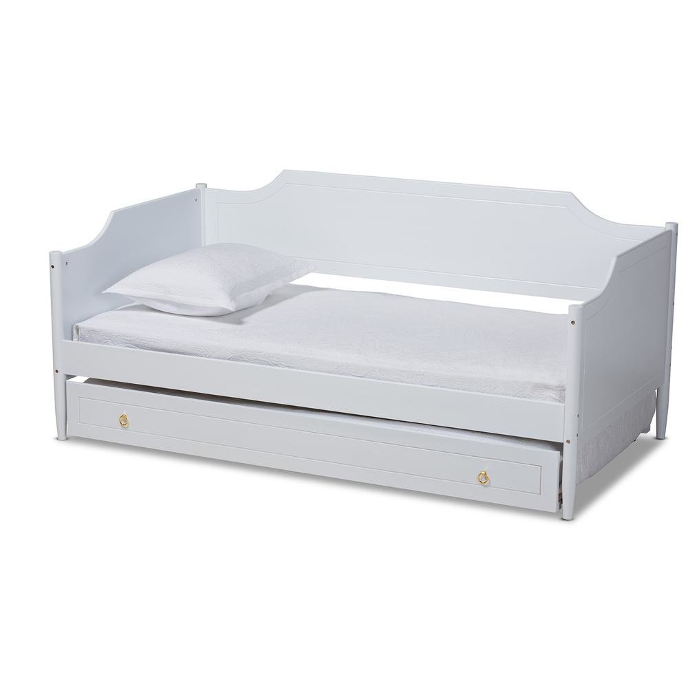 Farmhouse White Finished Wood Twin Size Daybed with Roll-Out Trundle Bed. Picture 13