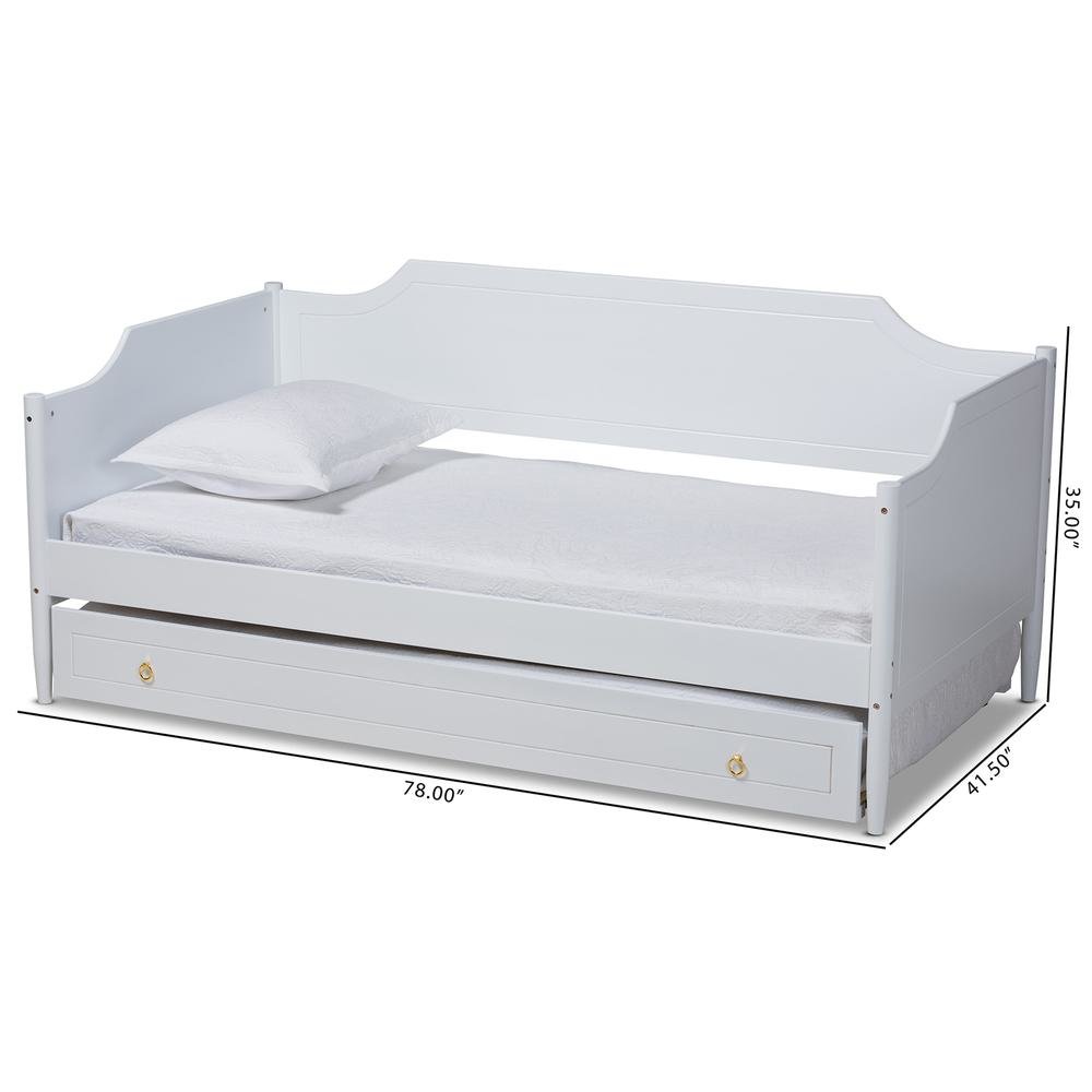 Farmhouse White Finished Wood Twin Size Daybed with Roll-Out Trundle Bed. Picture 24