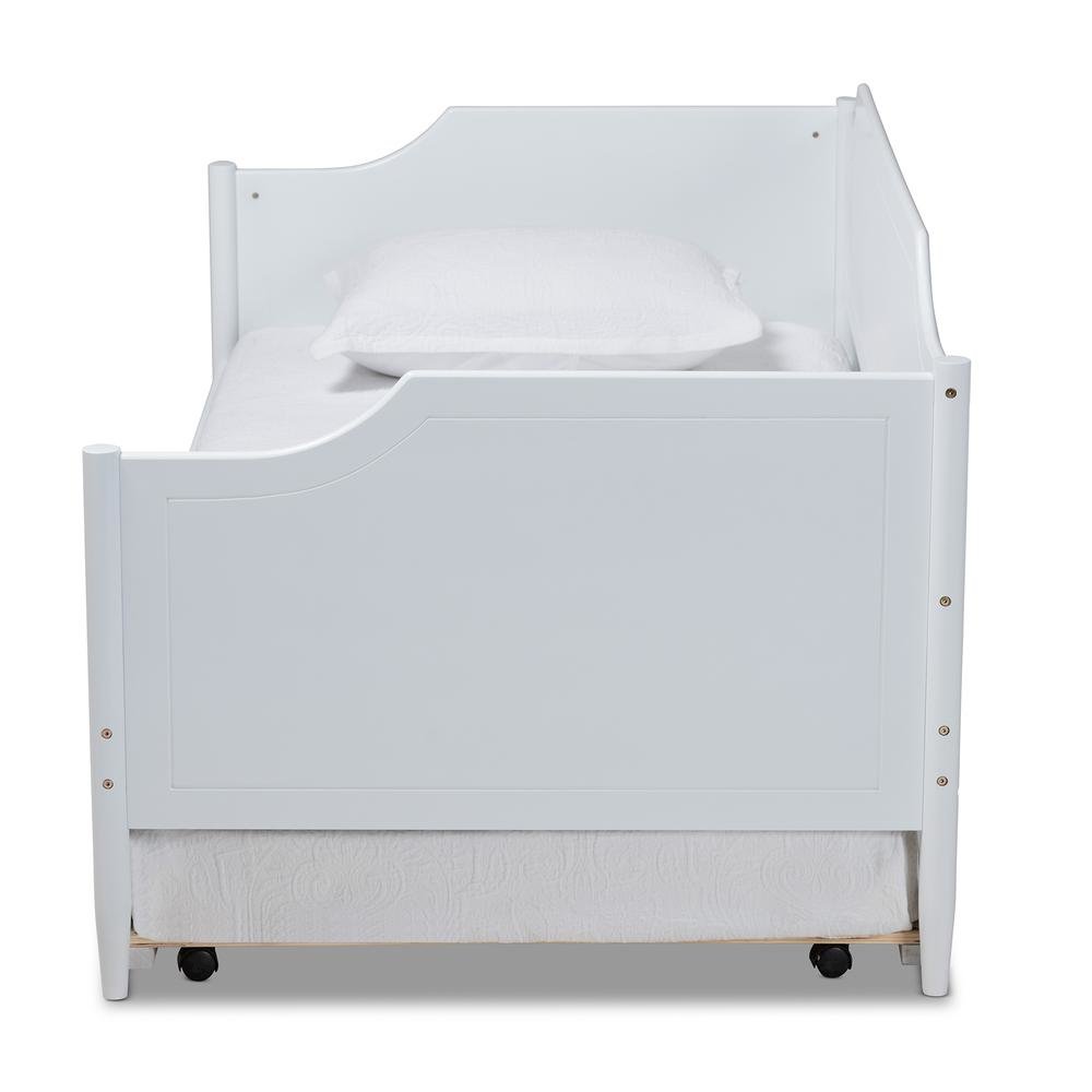Farmhouse White Finished Wood Twin Size Daybed with Roll-Out Trundle Bed. Picture 15