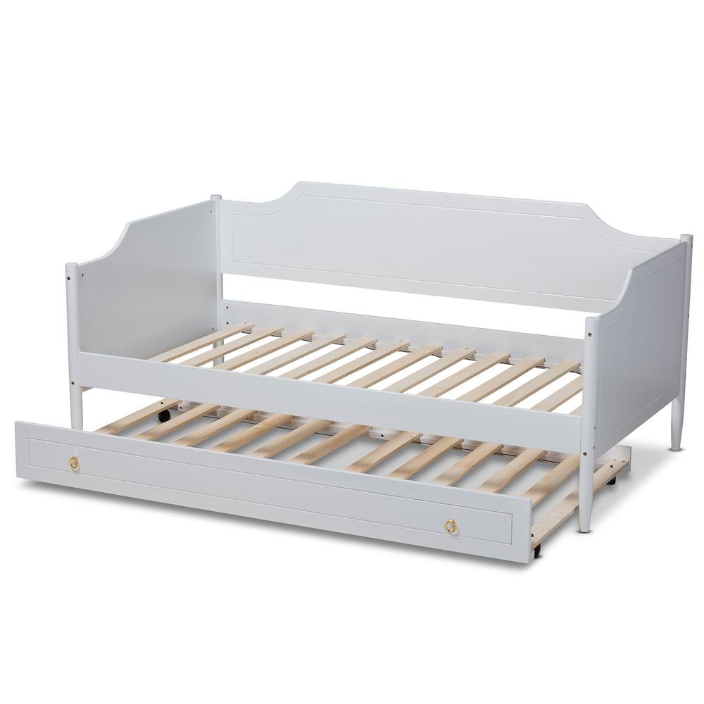 Farmhouse White Finished Wood Twin Size Daybed with Roll-Out Trundle Bed. Picture 17