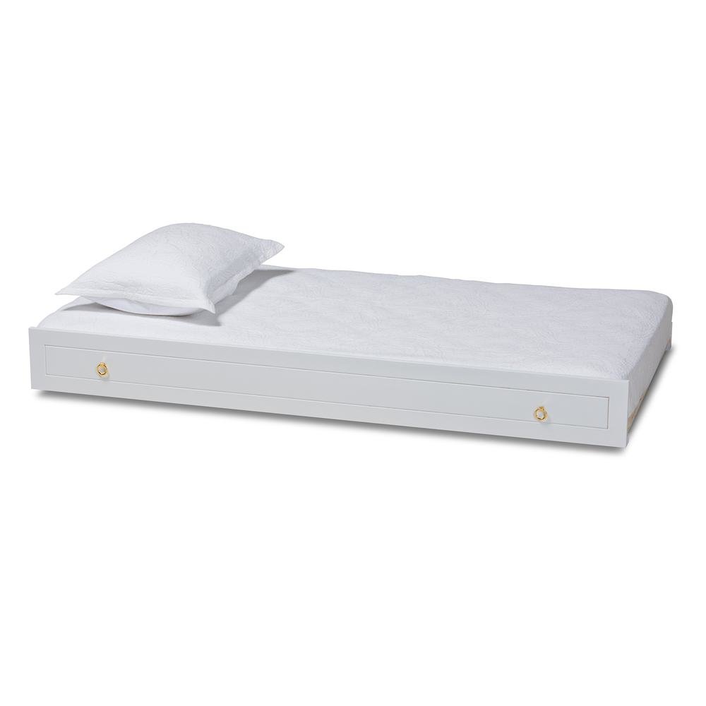 Alya Classic Traditional Farmhouse White Finished Wood Twin Size Trundle. Picture 8