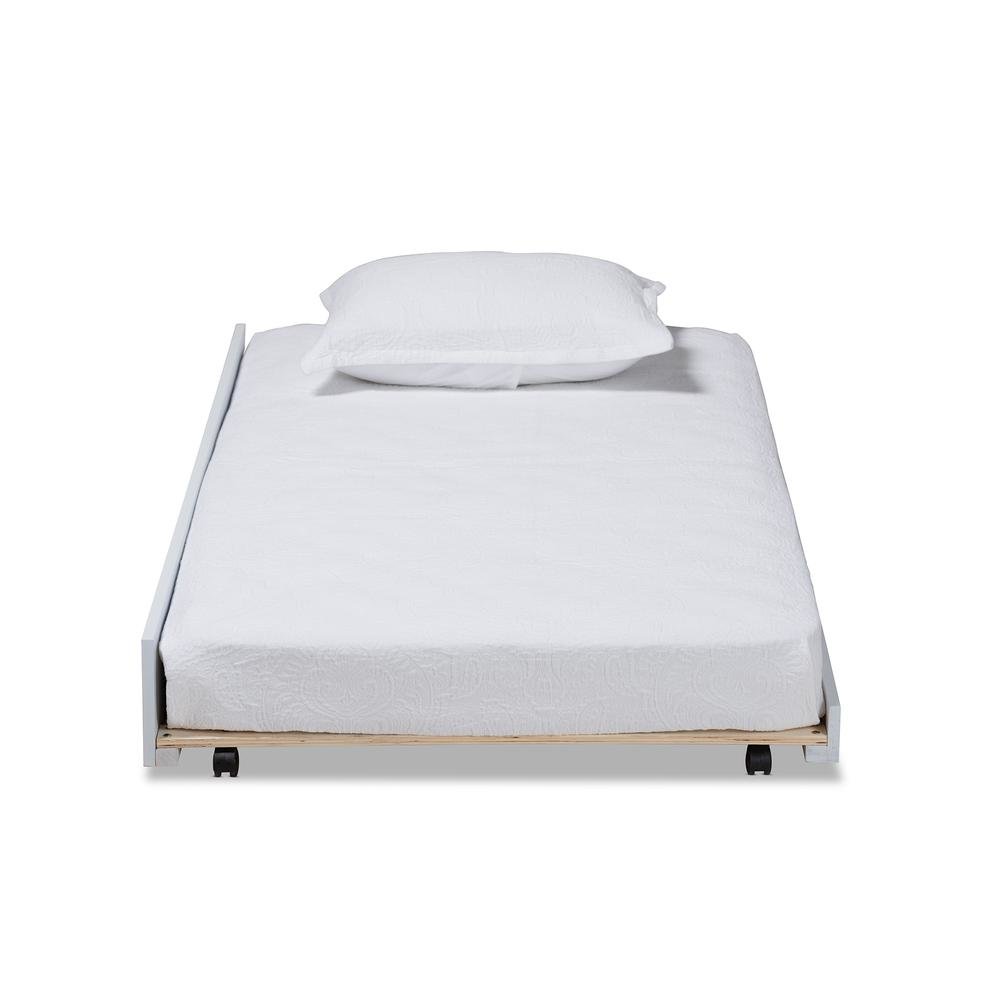 Alya Classic Traditional Farmhouse White Finished Wood Twin Size Trundle. Picture 9
