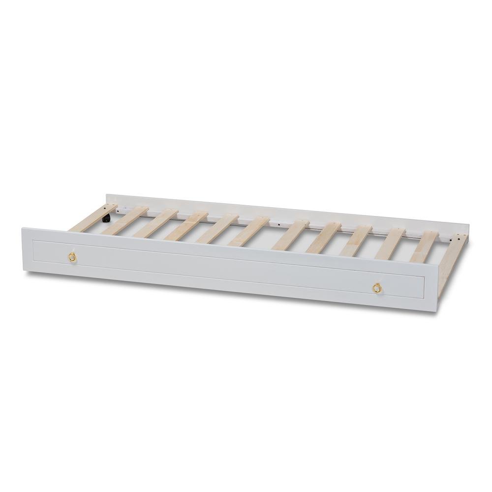 Alya Classic Traditional Farmhouse White Finished Wood Twin Size Trundle. Picture 10
