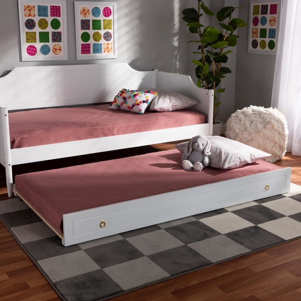 Alya Classic Traditional Farmhouse White Finished Wood Twin Size Trundle. Picture 12