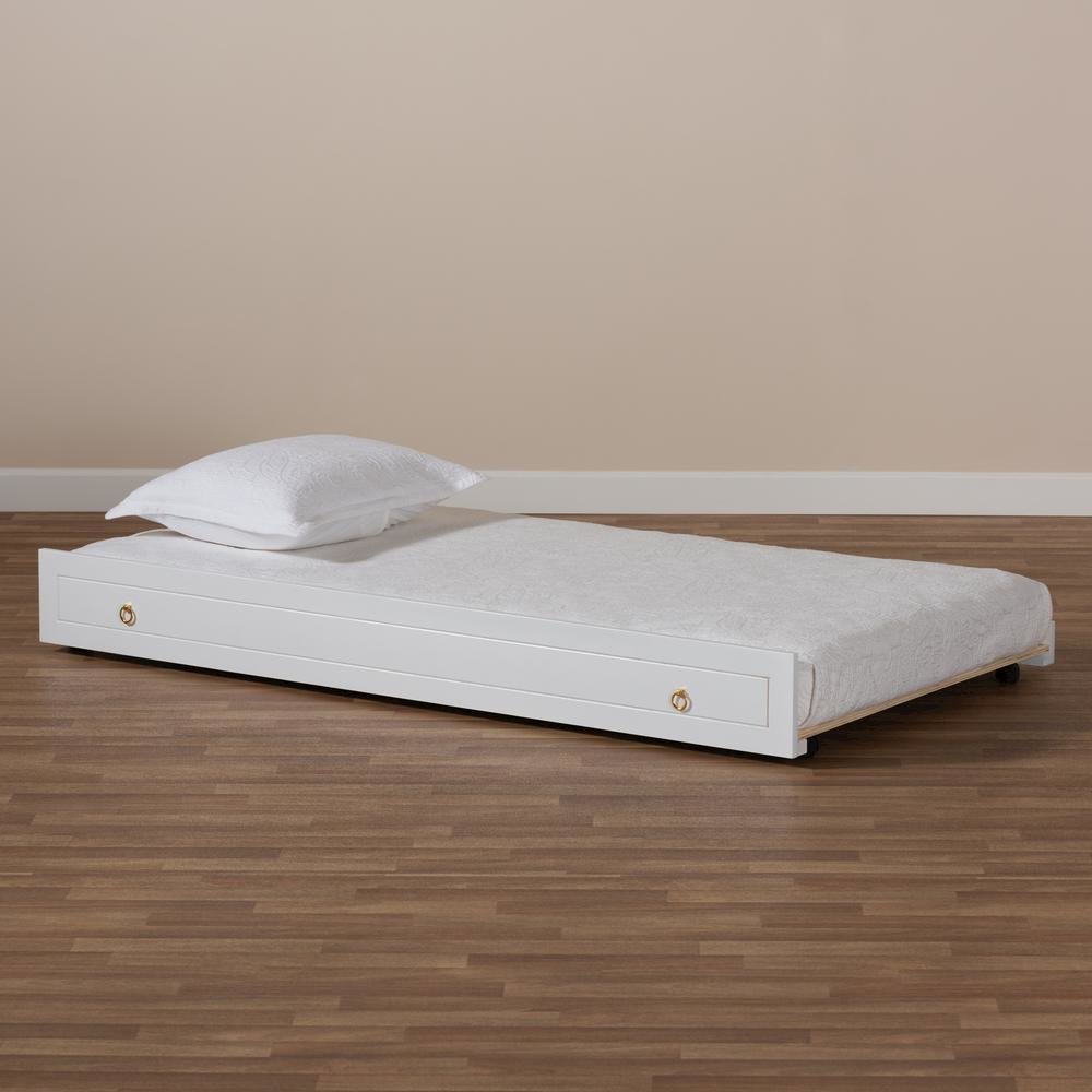 Alya Classic Traditional Farmhouse White Finished Wood Twin Size Trundle. Picture 13
