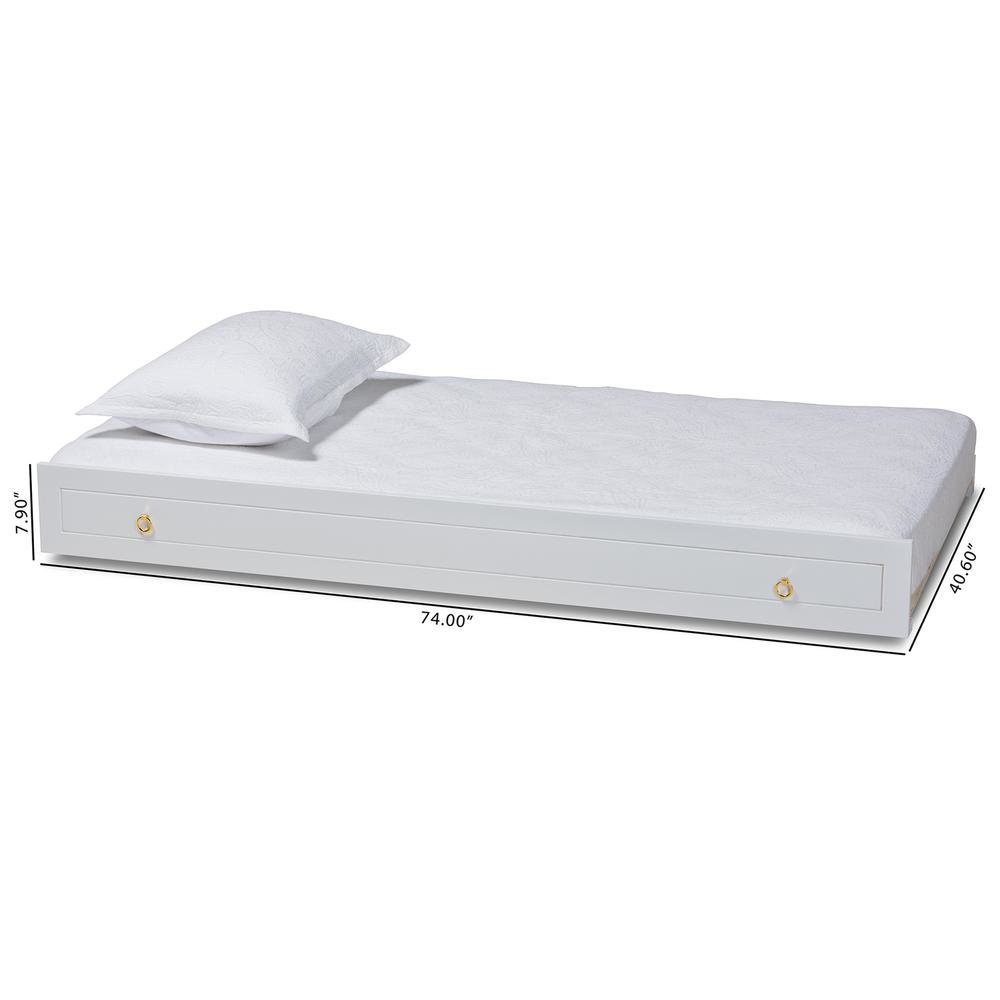 Alya Classic Traditional Farmhouse White Finished Wood Twin Size Trundle. Picture 14