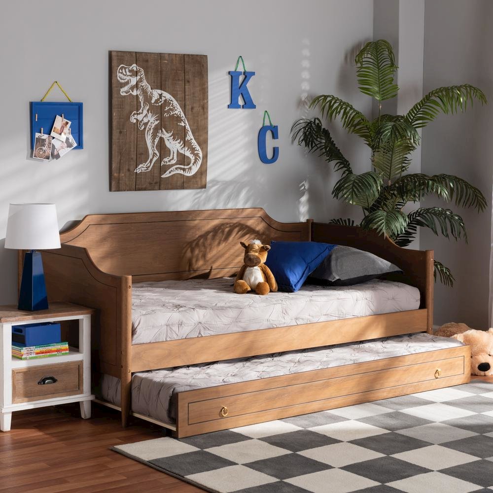 Farmhouse Walnut Brown Finished Wood Twin Size Daybed with Roll-Out Trundle Bed. Picture 22