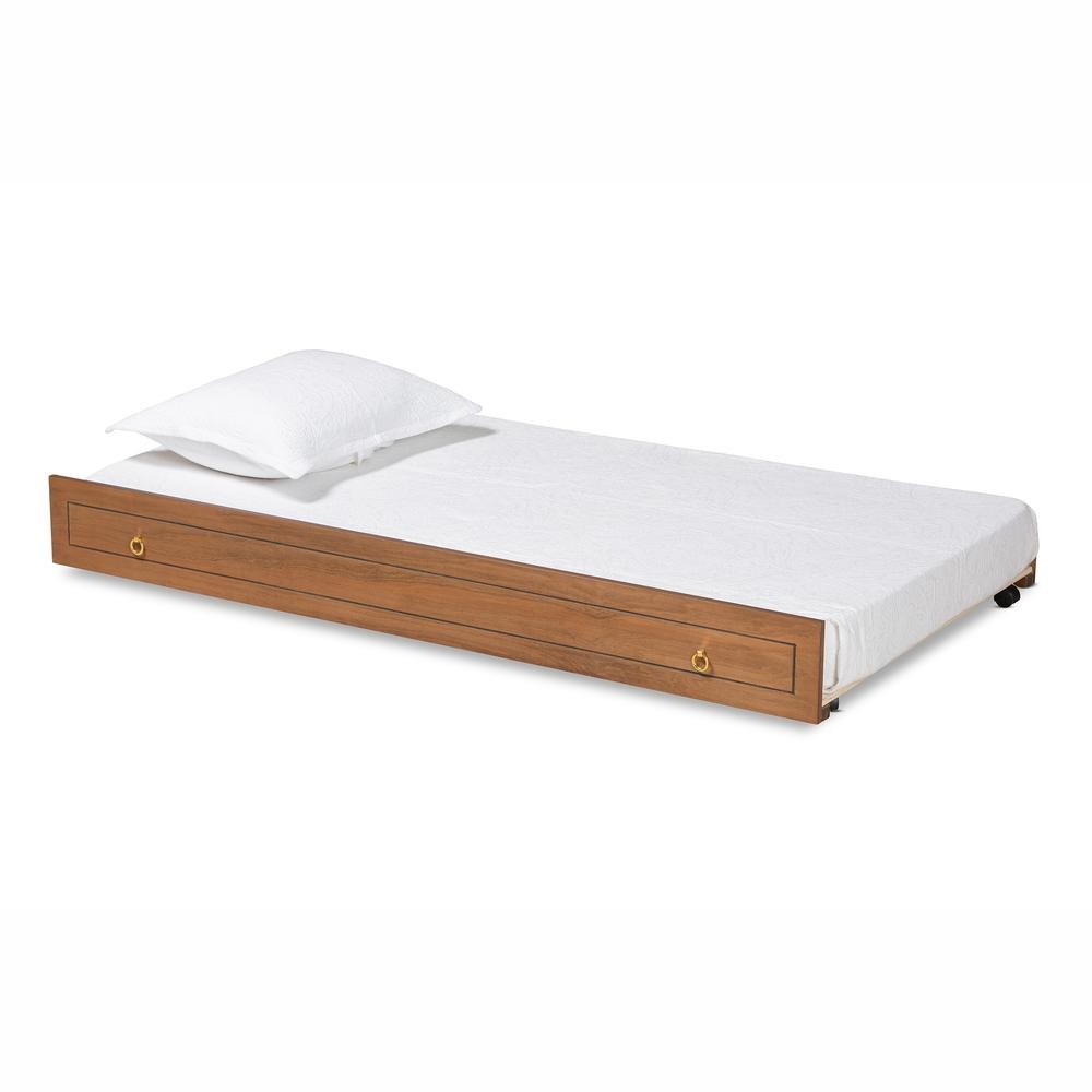 Alya Classic Traditional Farmhouse Walnut Brown Finished Wood Twin Size Trundle. Picture 8