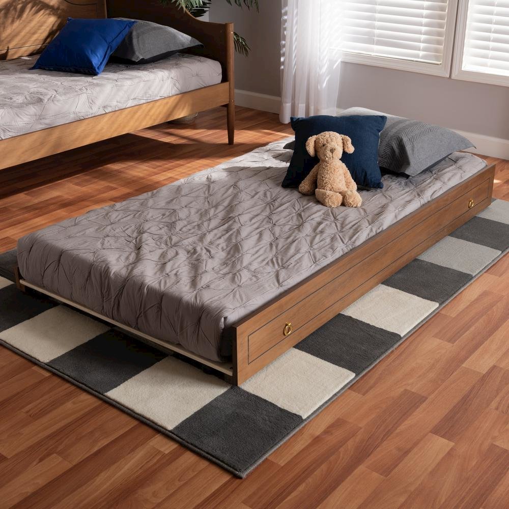 Alya Classic Traditional Farmhouse Walnut Brown Finished Wood Twin Size Trundle. Picture 12