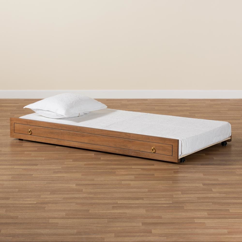 Alya Classic Traditional Farmhouse Walnut Brown Finished Wood Twin Size Trundle. Picture 13
