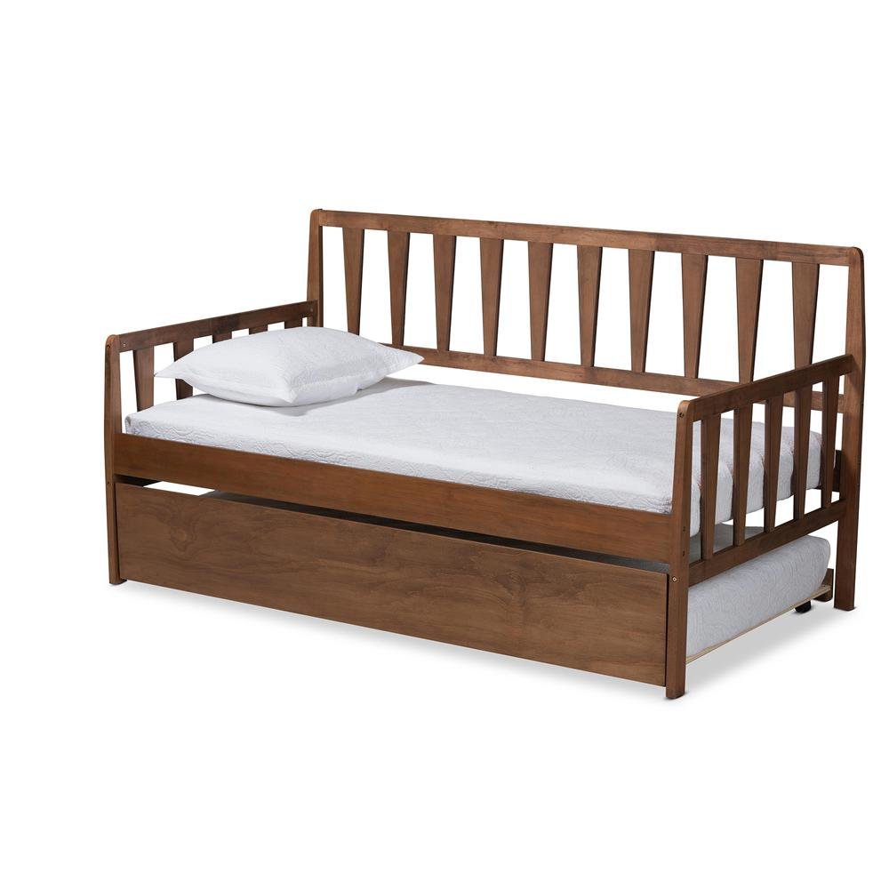 Walnut Brown Finished Wood Twin Size Daybed with Roll-Out Trundle Bed. Picture 11