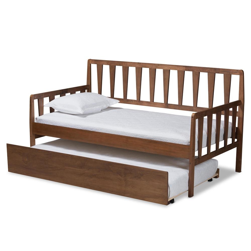 Walnut Brown Finished Wood Twin Size Daybed with Roll-Out Trundle Bed. Picture 12
