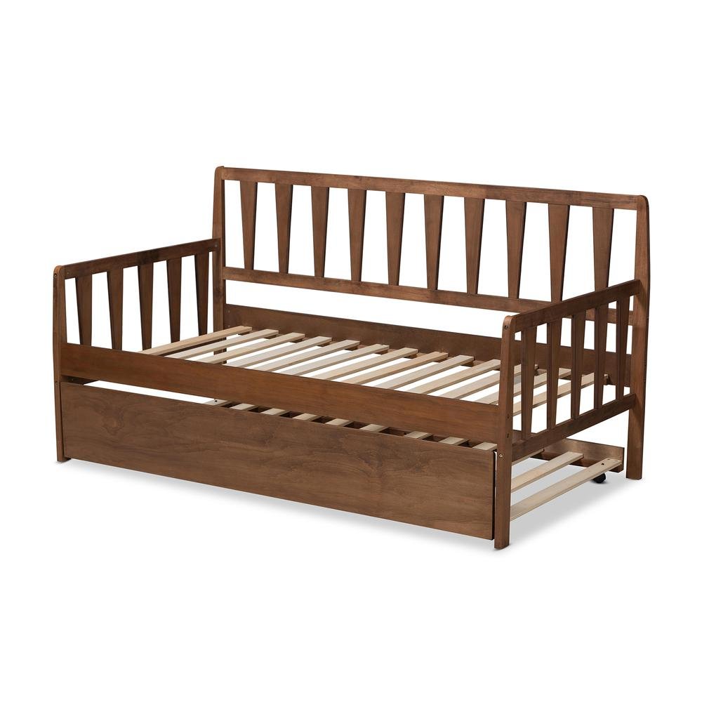 Walnut Brown Finished Wood Twin Size Daybed with Roll-Out Trundle Bed. Picture 14
