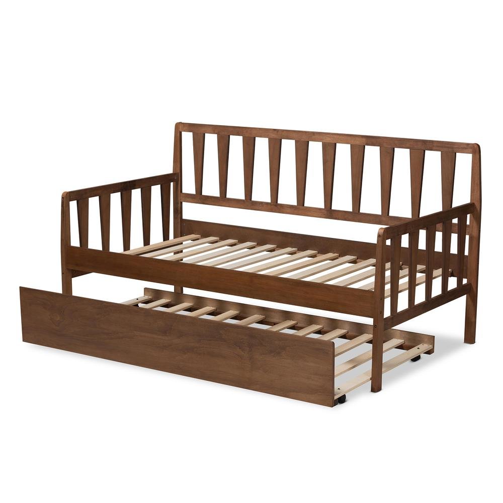 Walnut Brown Finished Wood Twin Size Daybed with Roll-Out Trundle Bed. Picture 15