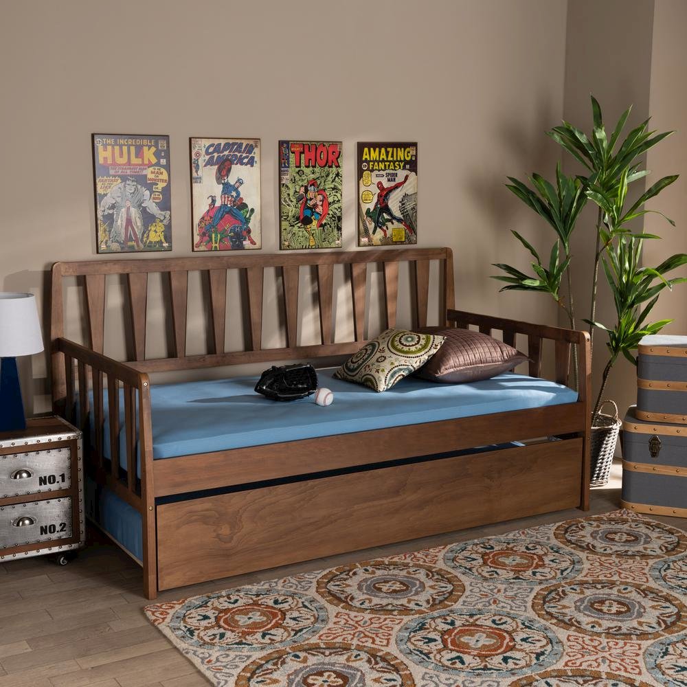 Walnut Brown Finished Wood Twin Size Daybed with Roll-Out Trundle Bed. Picture 17