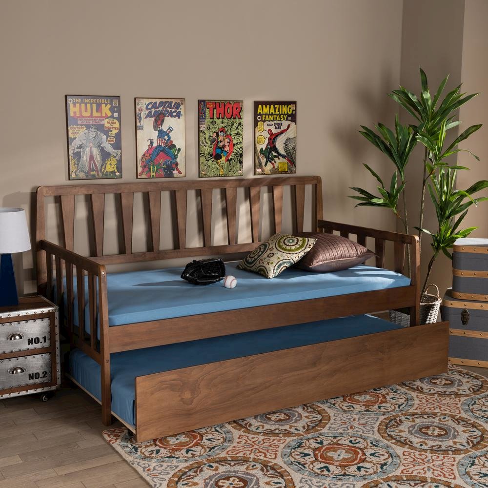 Walnut Brown Finished Wood Twin Size Daybed with Roll-Out Trundle Bed. Picture 18