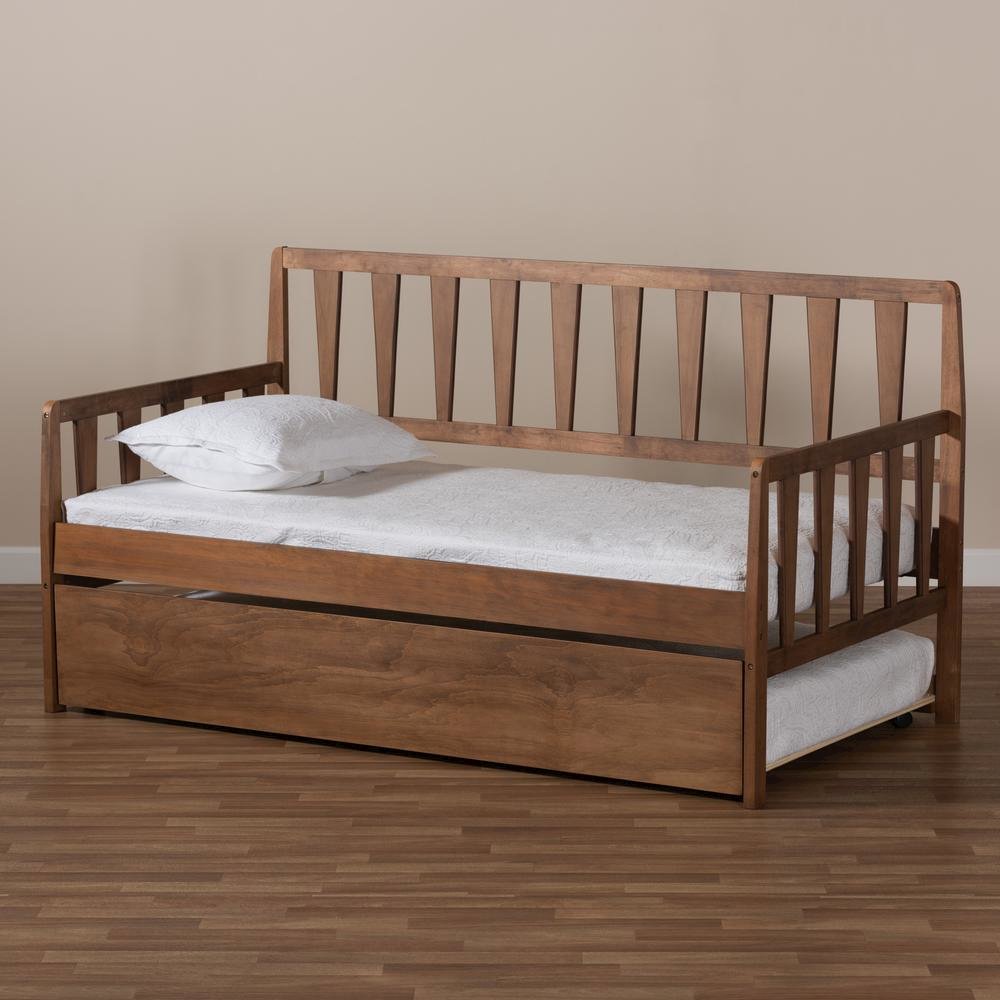 Walnut Brown Finished Wood Twin Size Daybed with Roll-Out Trundle Bed. Picture 19