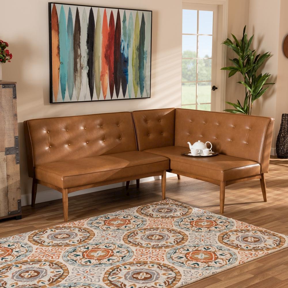 Leather Upholstered Walnut Brown Finished 2-Piece Wood Dining Nook Banquette Set. Picture 14