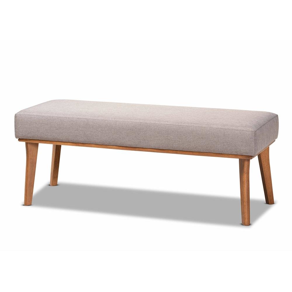 Grey Fabric Upholstered and Walnut Brown Finished Wood Dining Bench. Picture 8