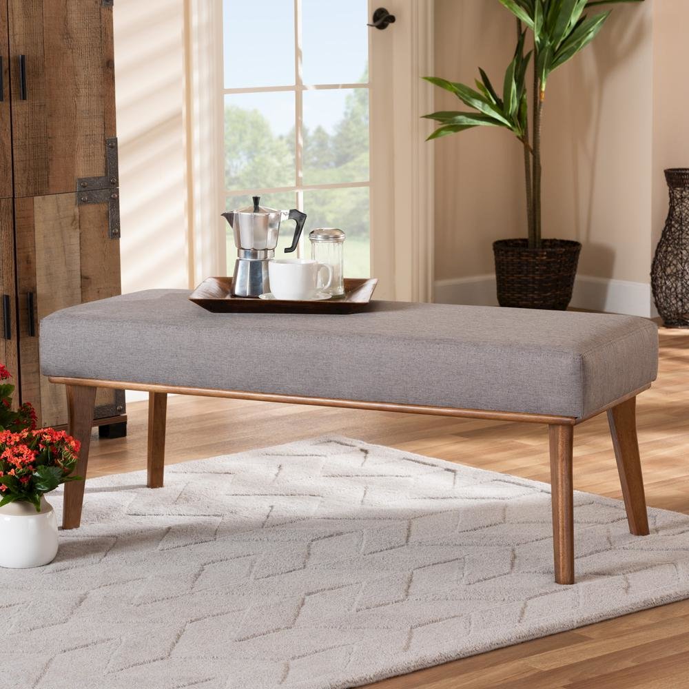 Grey Fabric Upholstered and Walnut Brown Finished Wood Dining Bench. Picture 12
