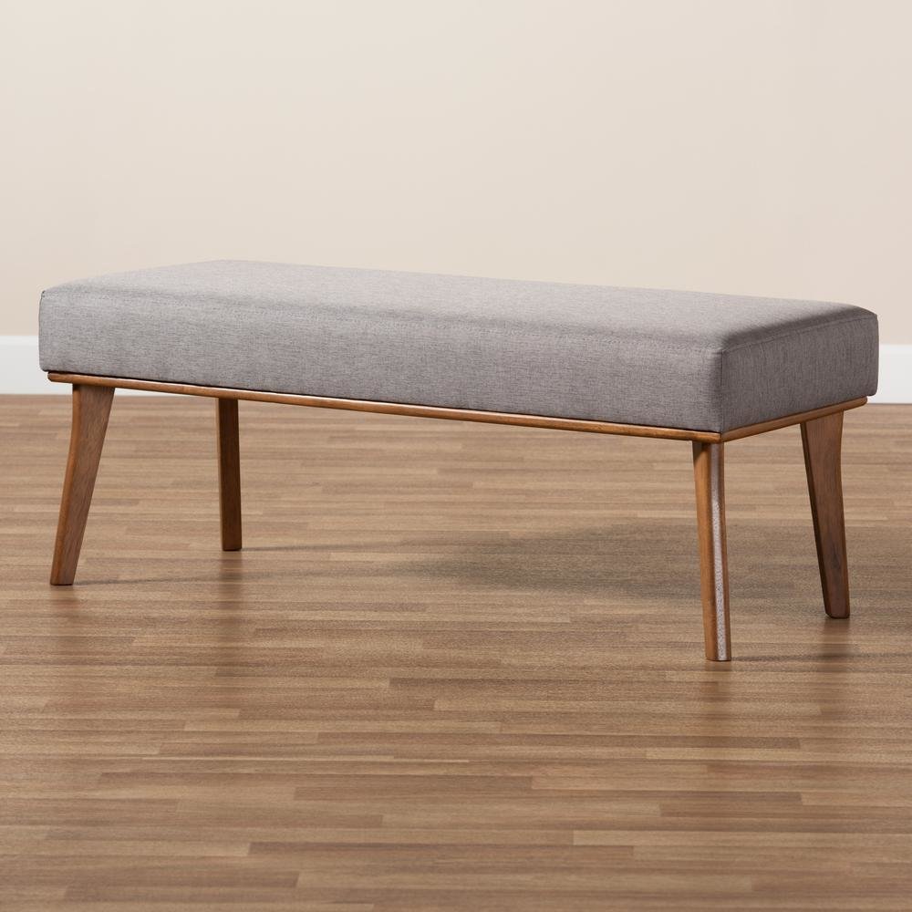 Grey Fabric Upholstered and Walnut Brown Finished Wood Dining Bench. Picture 13