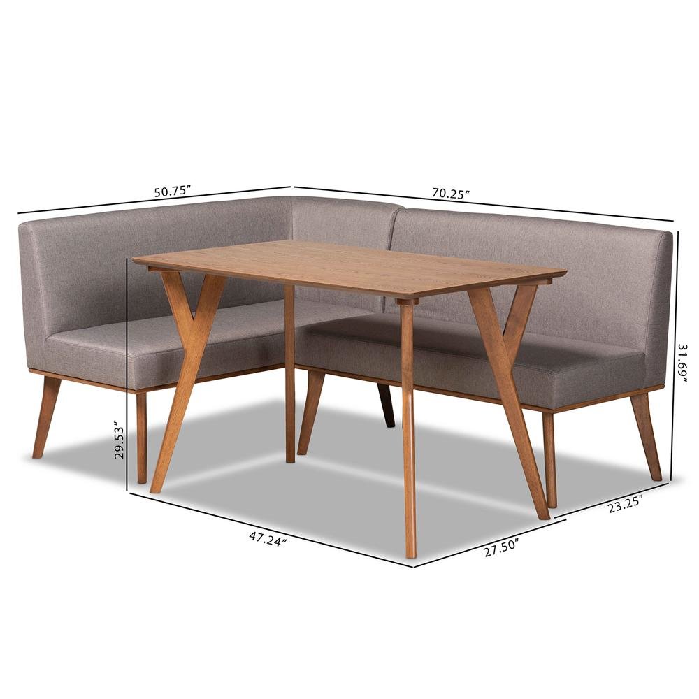 Grey Fabric Upholstered and Walnut Brown Finished Wood 3-Piece Dining Nook Set. Picture 20